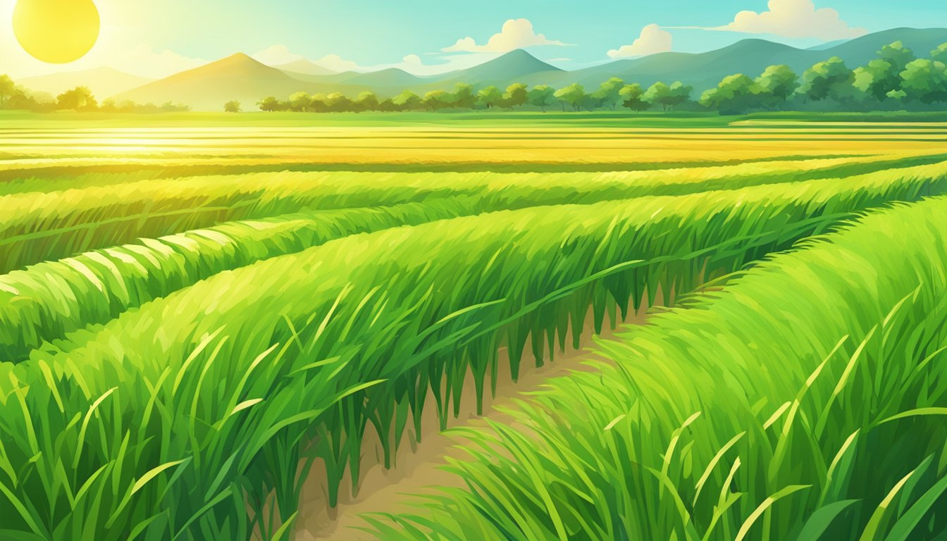 A digital illustration of a lush rice field with majestic mountains in the background.