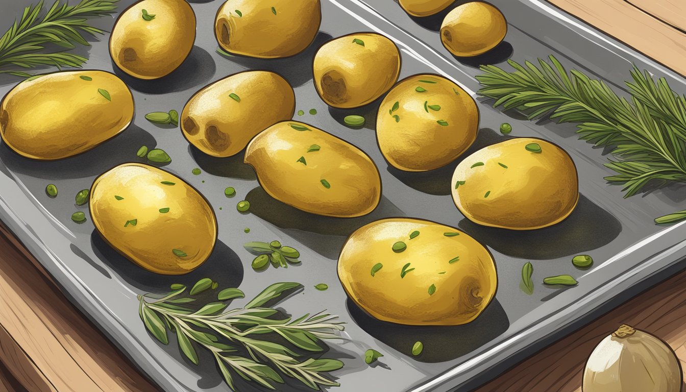 Golden brown herb roasted potatoes on a baking sheet with rosemary and garlic.