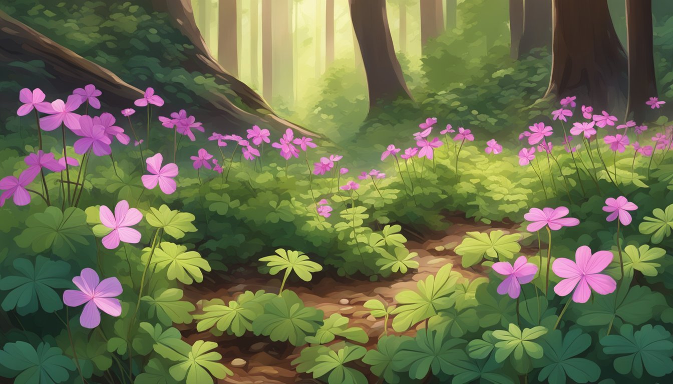 A serene digital illustration of a forest floor blanketed with pink Herb Robert flowers.