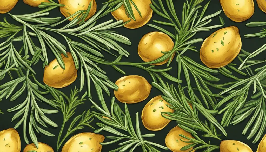 An illustration of golden potatoes and light green rosemary leaves on a dark green background.