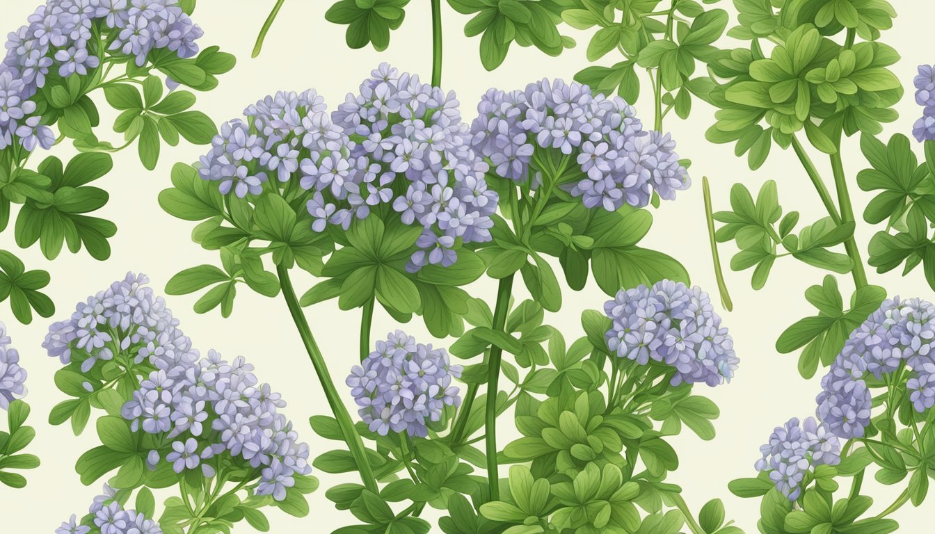 A seamless pattern of purple and green herb rue plants.
