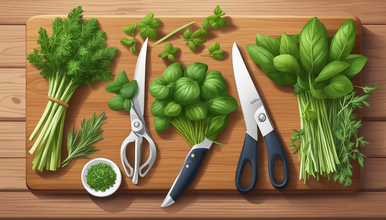 A wooden cutting board with various herbs and two pairs of herb scissors.