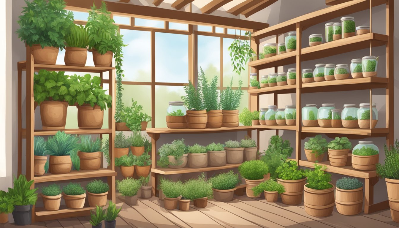 Illustration of a herb store with shelves of potted plants and jars of herbs.