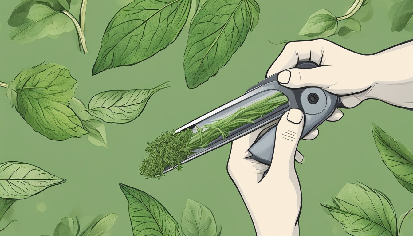 An illustration of a hand holding a herb stripper with a background of various herbs.