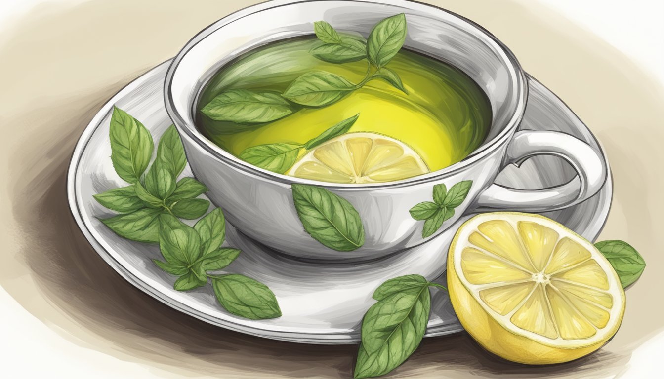 Illustration of a cup of herbal tea with lemon and mint leaves.