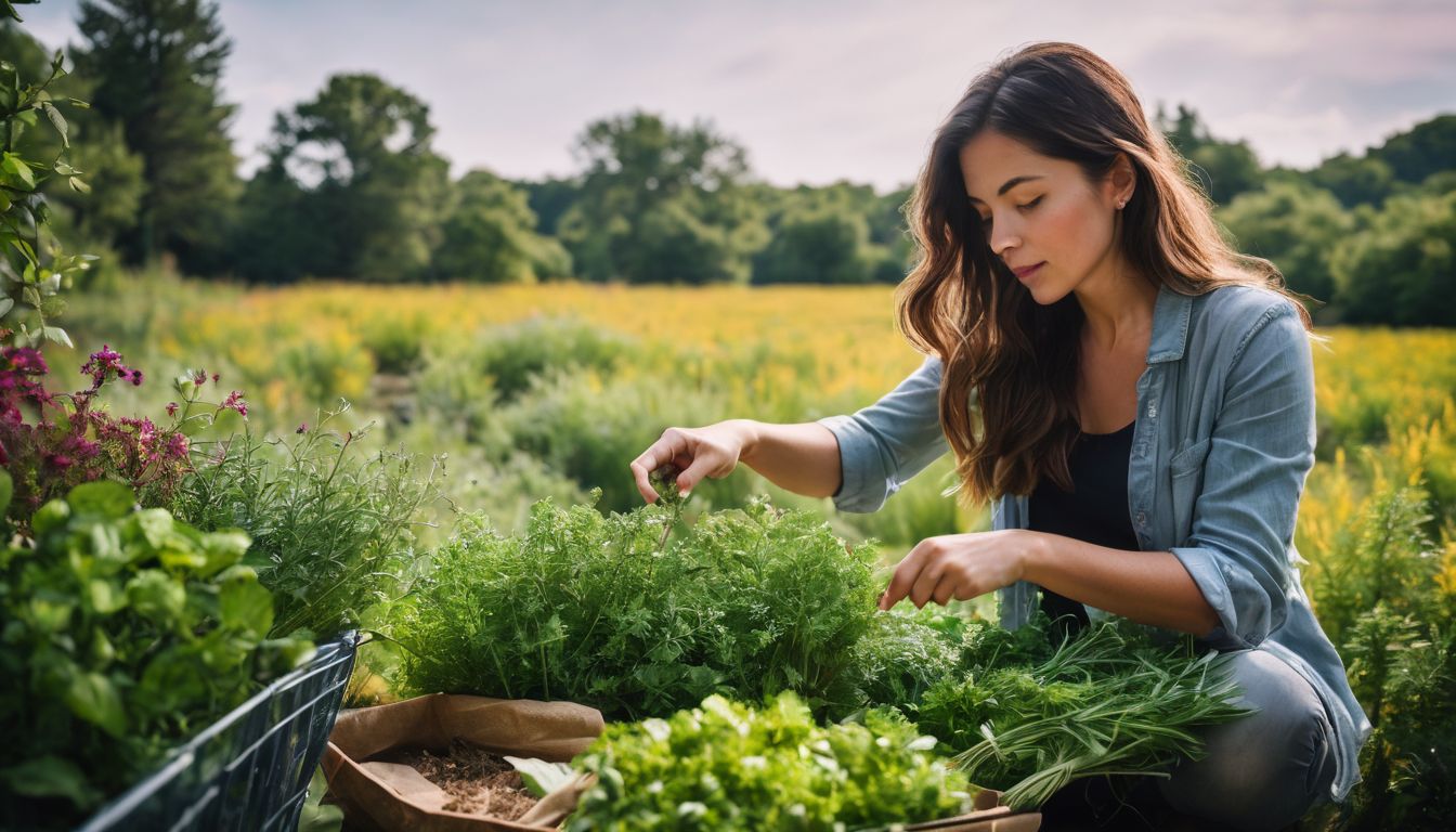 A person picking fresh herbs in a garden to suppress appetite.
