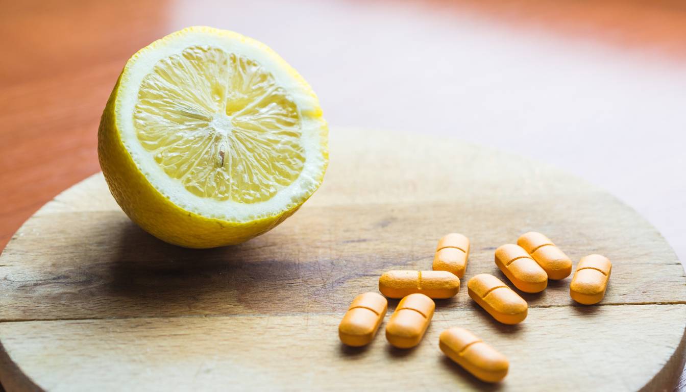 A halved lemon and several orange-colored pills on a wooden surface, highlighting the natural source of vitamin C and supplemental form.