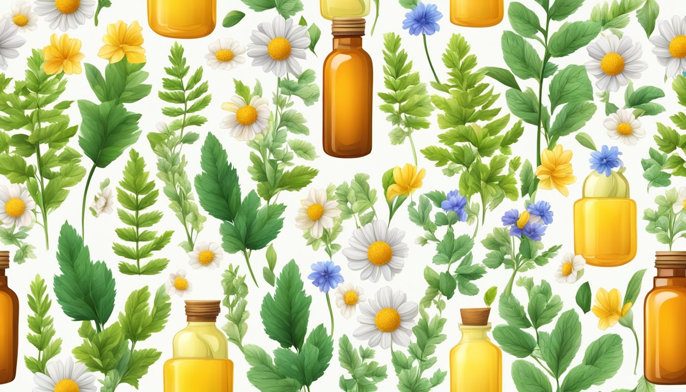 Seamless pattern of various herbs and vitamin bottles.