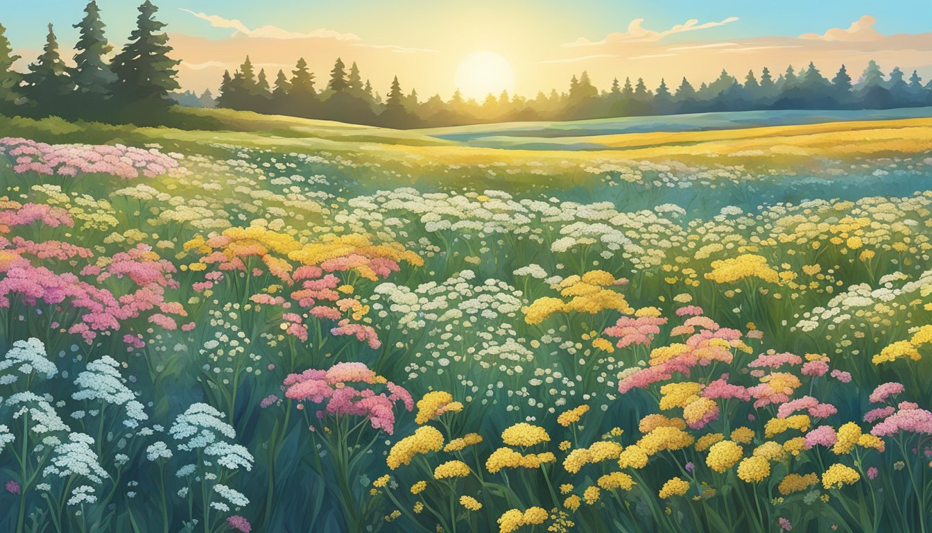 A serene sunrise over a field of colorful yarrow flowers.