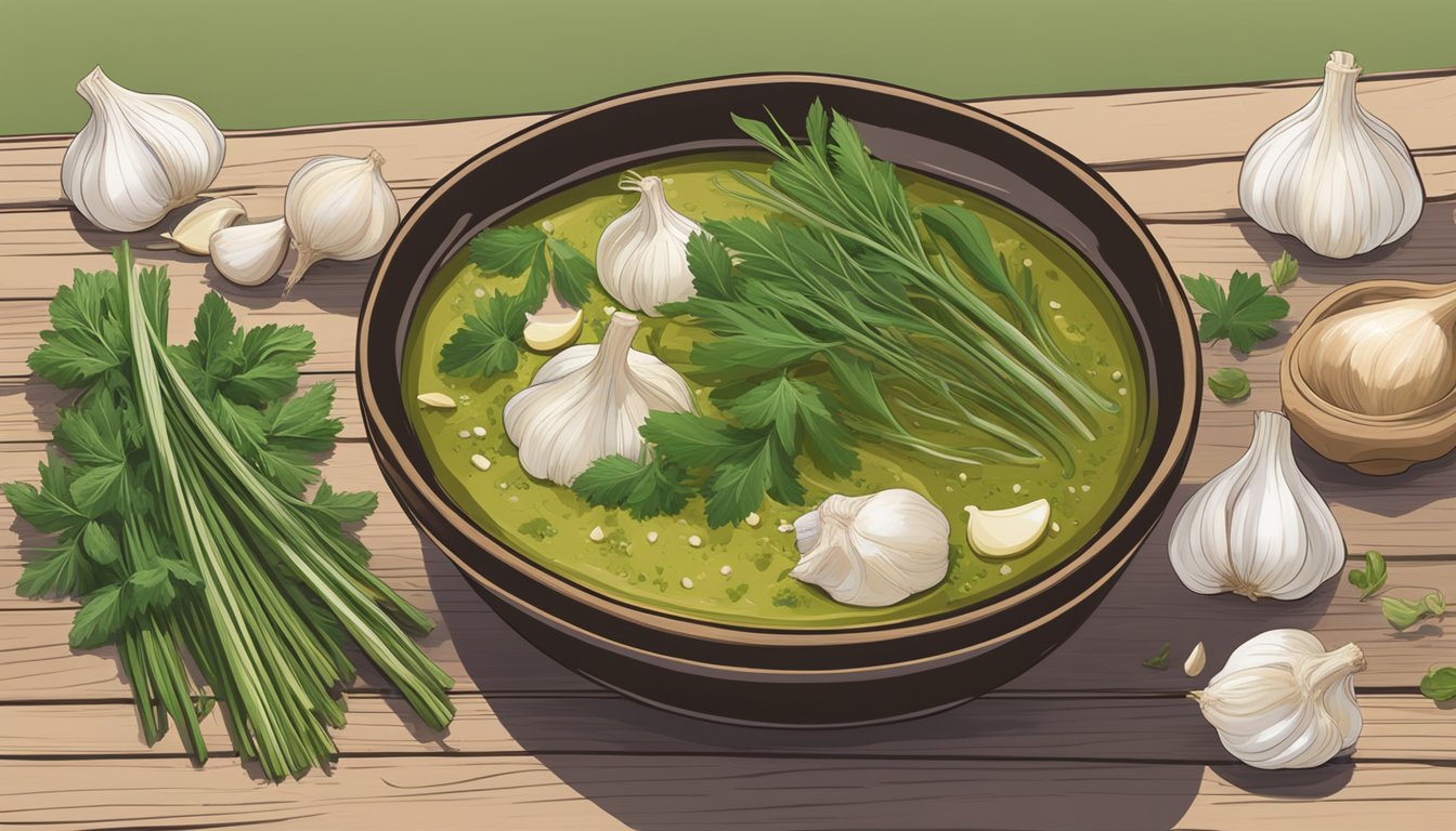 An illustration of a bowl of bright green herb and garlic marinade garnished with sprigs of dill and whole garlic cloves, surrounded by scattered herbs and garlic on a wooden surface.