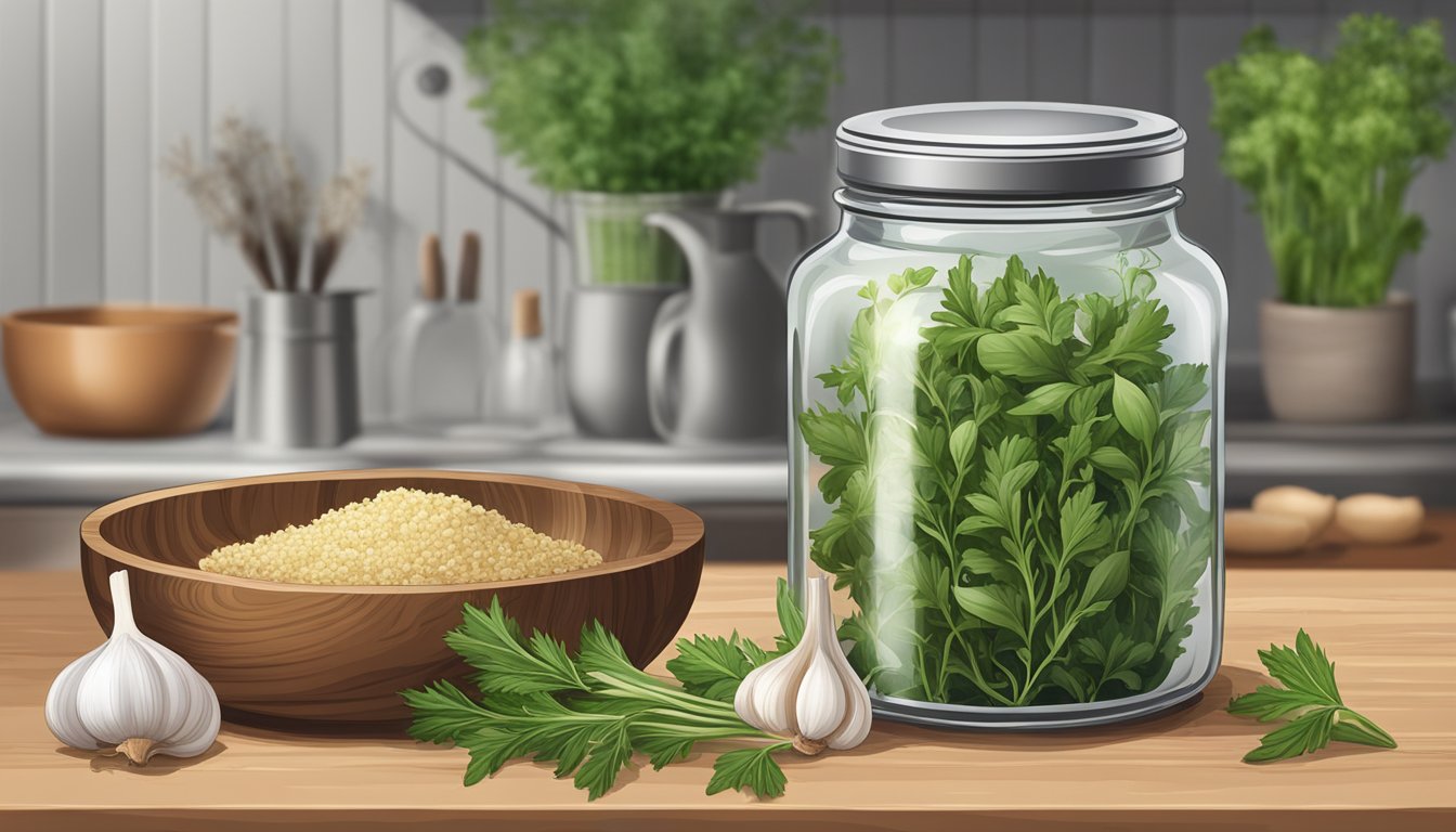 A jar of herb and garlic seasoning on a kitchen counter.