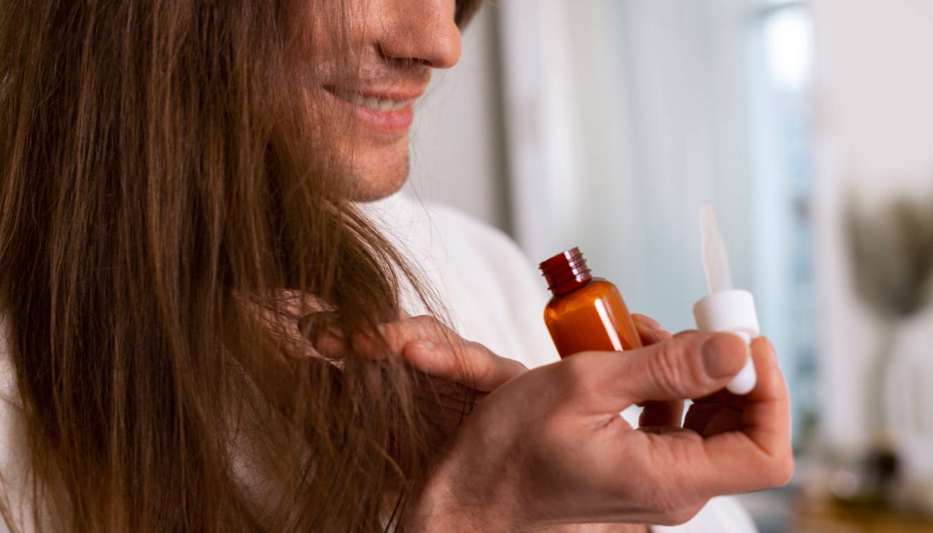 A person applying herbal oil to their hair using a dropper from a small amber bottle.