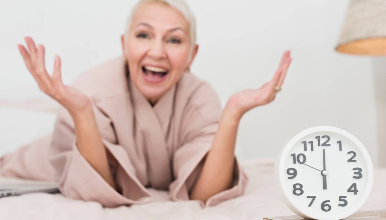 A person in a robe is lying on a bed with hands raised in a questioning gesture, next to a clock showing 10:10.