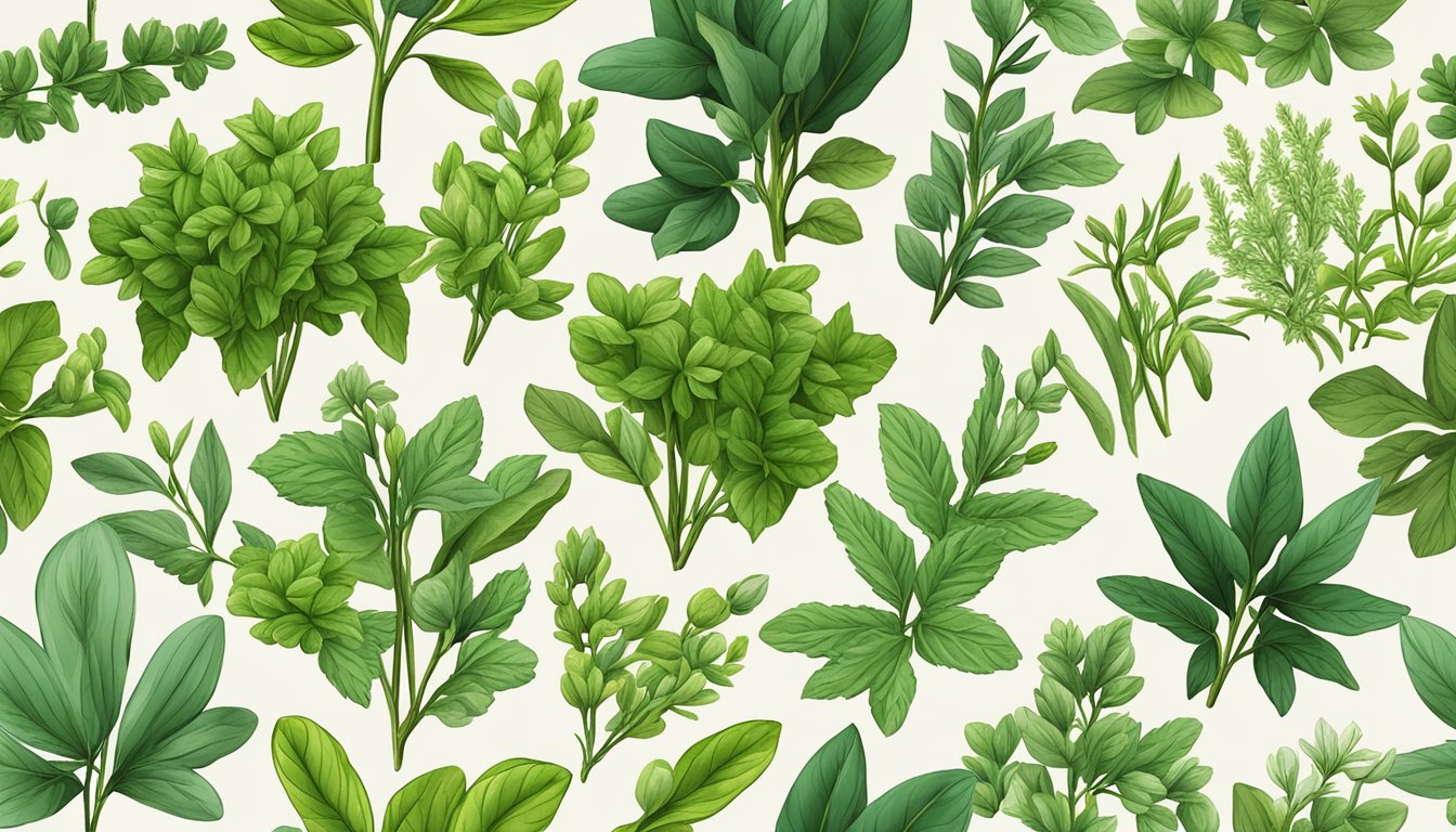 A seamless pattern of various green herbs on a white background.