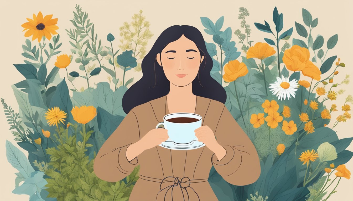 A person holding a cup of tea surrounded by various flowers and plants.