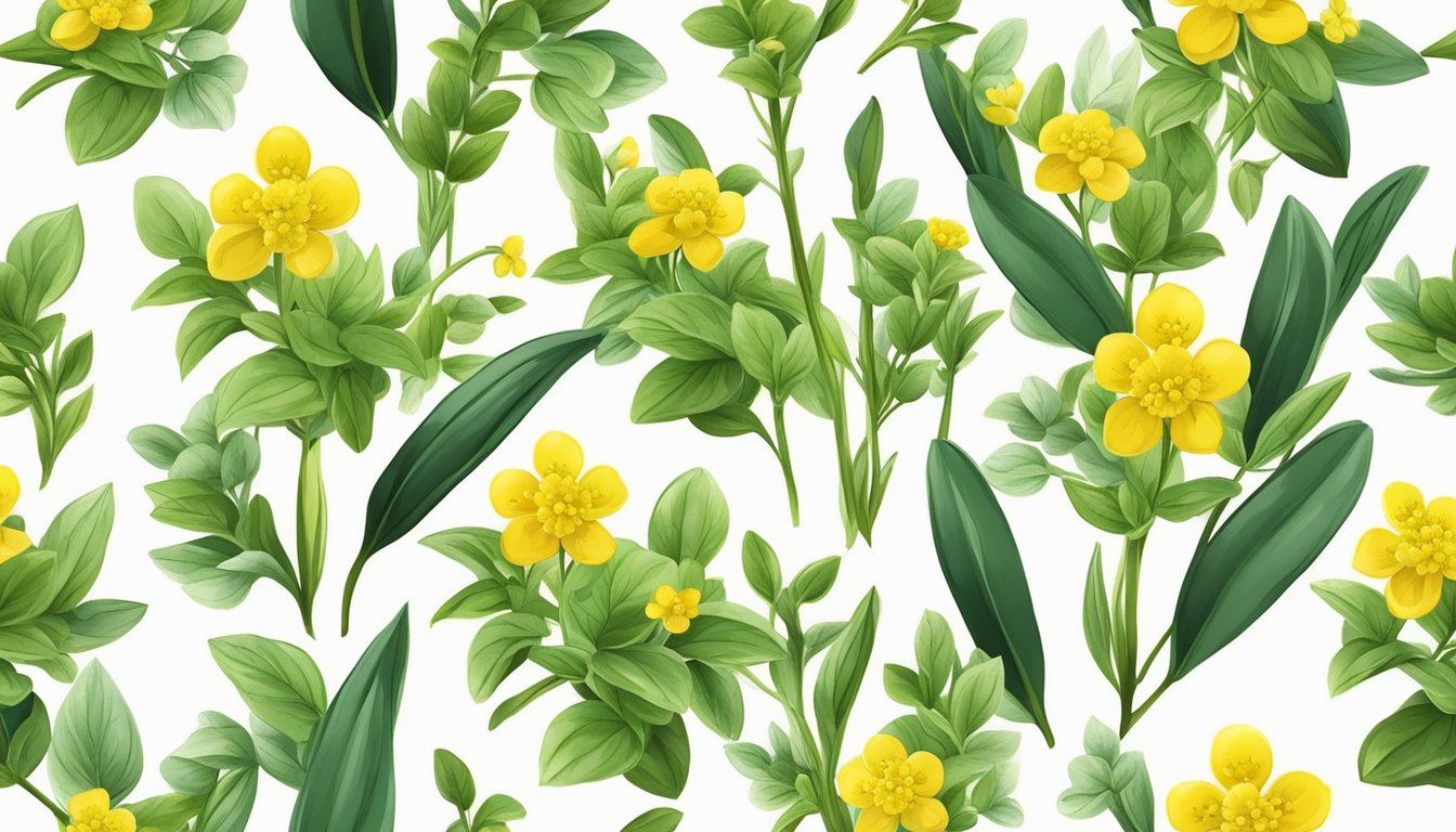 Illustration of Herb of Grace plants with yellow flowers and green leaves.