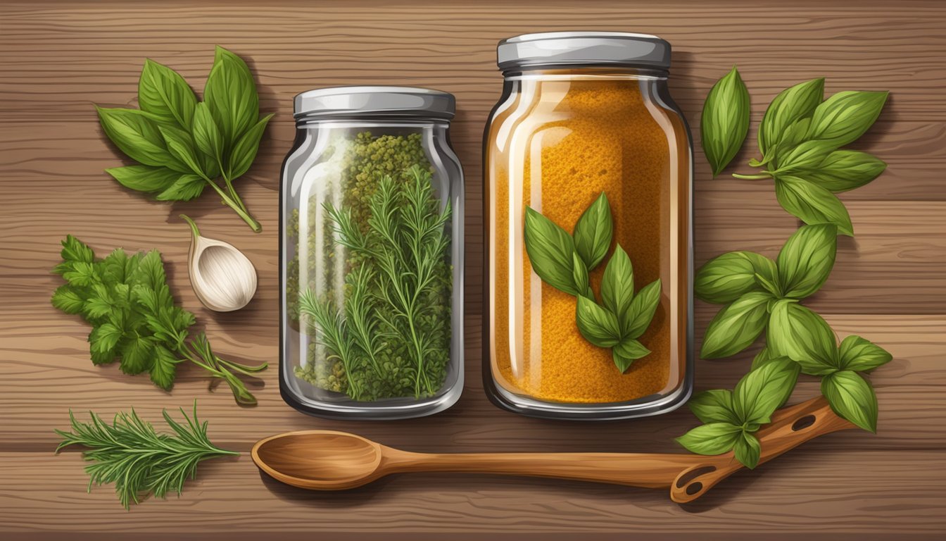 Illustration of various herbs and spices in jars on a wooden background.