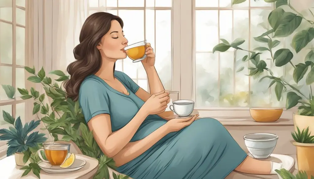 Illustration of a person drinking tea in a sunlit room with plants.