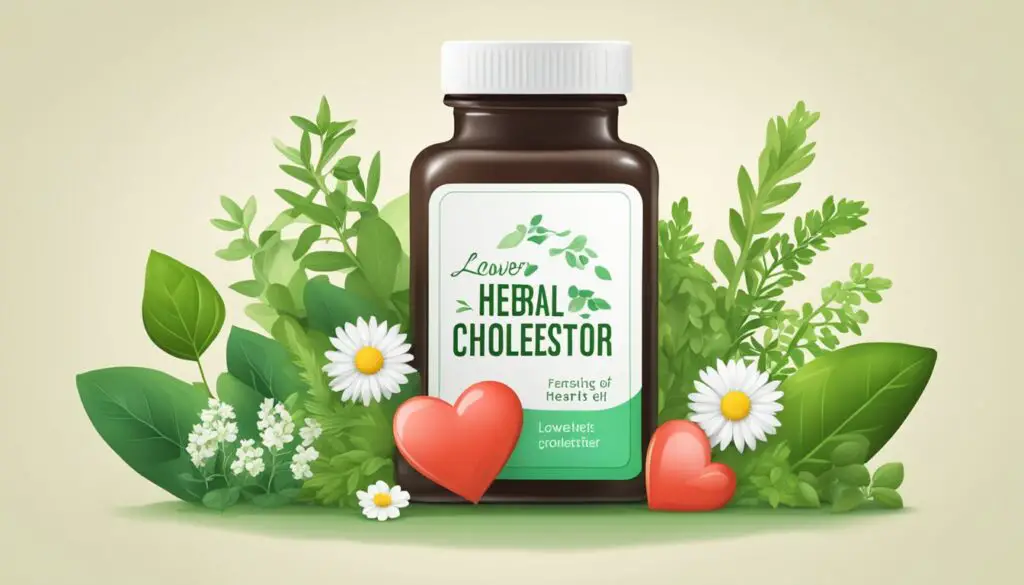 An illustration of a herbal cholesterol lowering supplement bottle surrounded by plants and hearts.