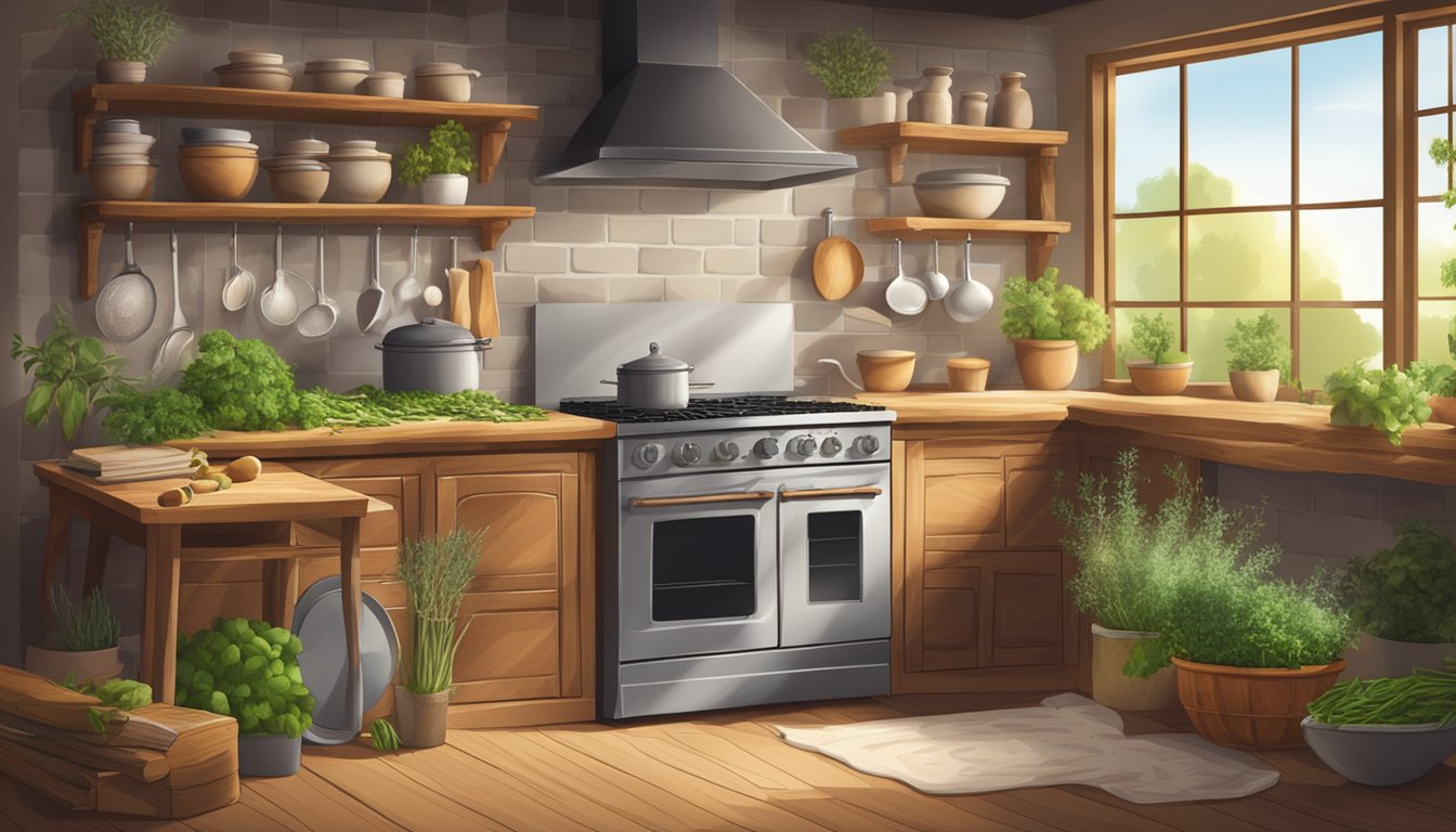 A cozy kitchen setup with wooden cabinets, a stove, and potted herbs, ready for making herbal bread.