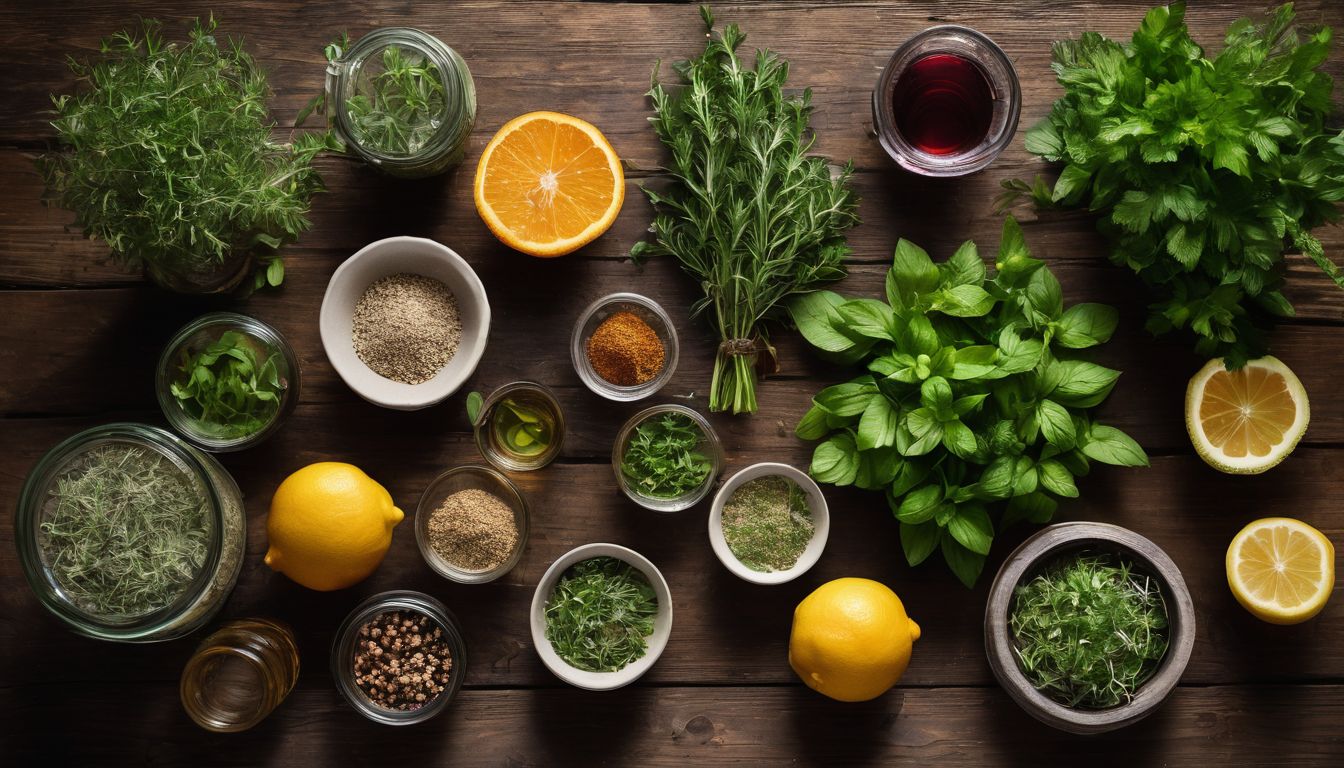 A collection of fresh herbs and spices used in herbal food recipes.