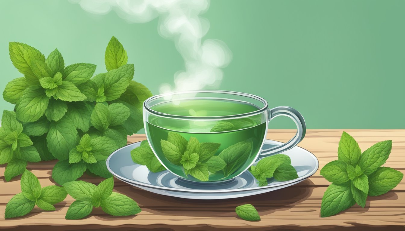 A cup of herbal mint tea with fresh mint leaves on a wooden table.