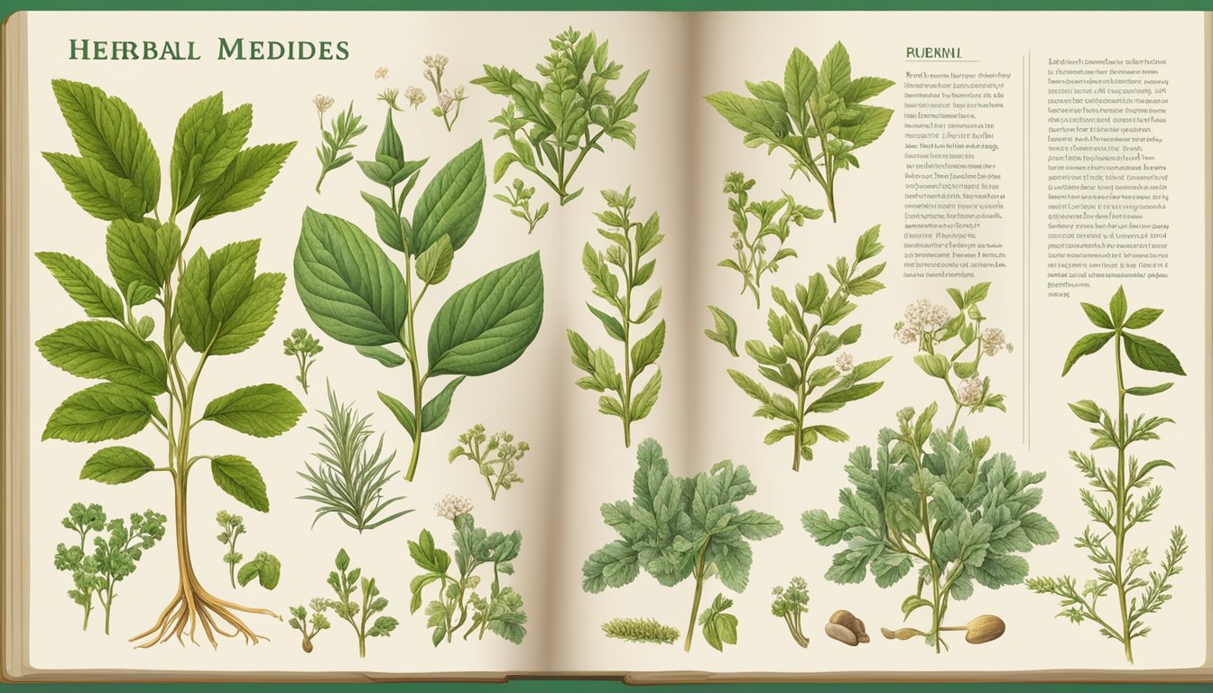An open book showcasing various herb illustrations.