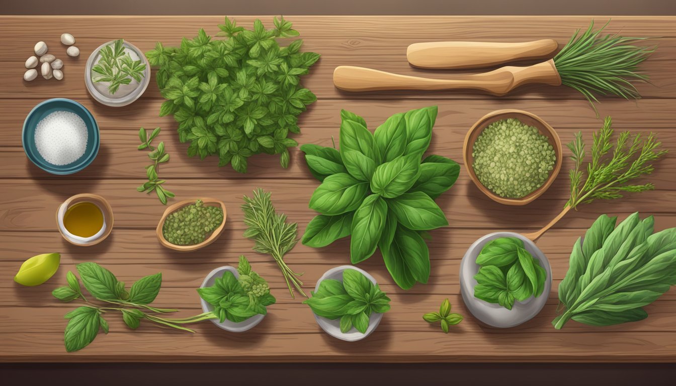 Illustration of various herbs and natural remedies on a wooden table.