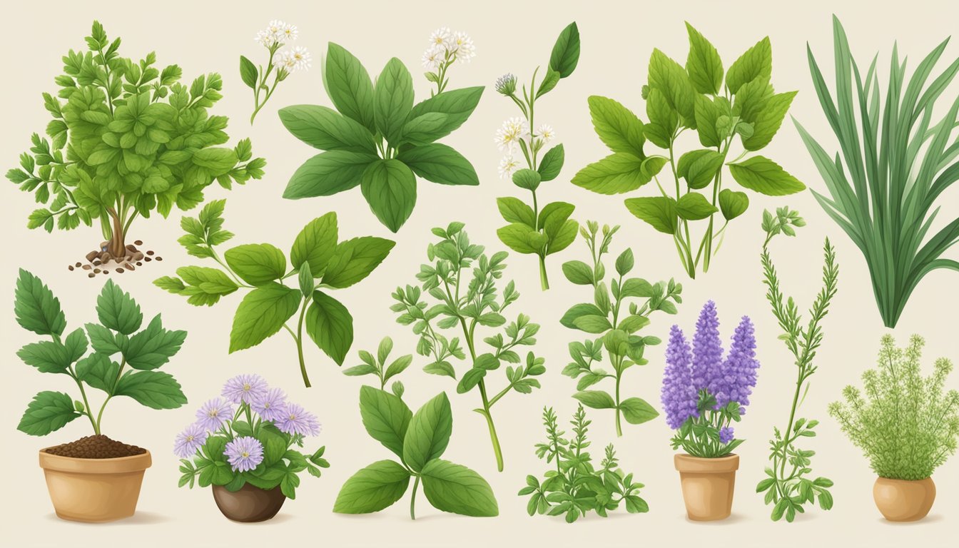 Illustration of various potted herbs and plants.