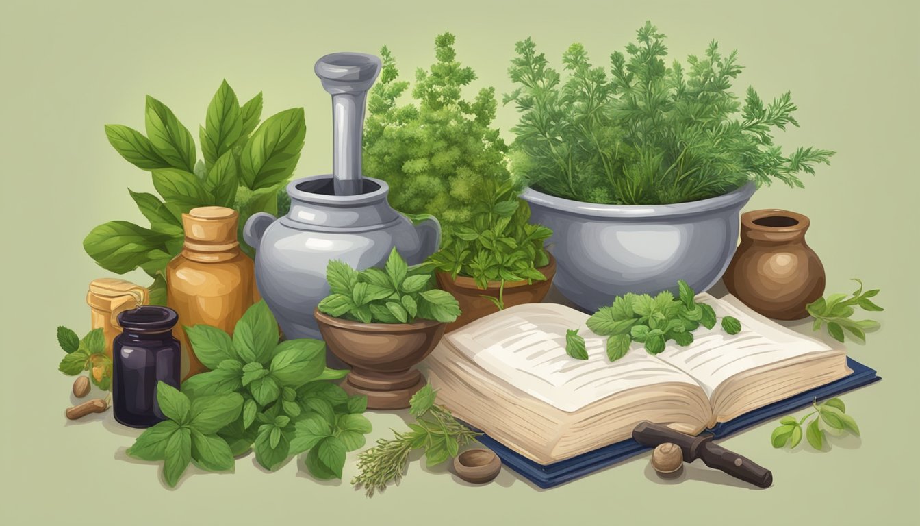 An illustration of various herbs and herbal remedies for hypertension.