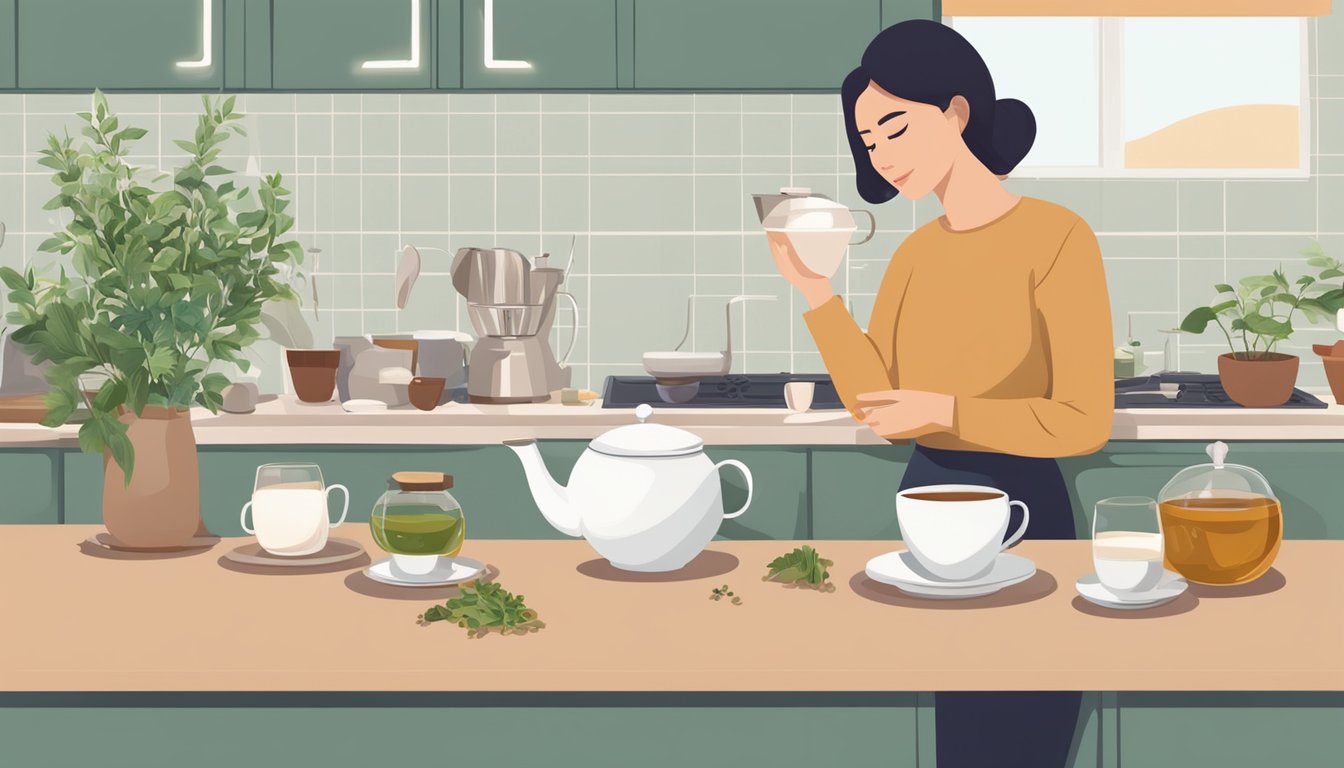 A person in a yellow sweater enjoying a cup of tea in a kitchen filled with herbal remedies.