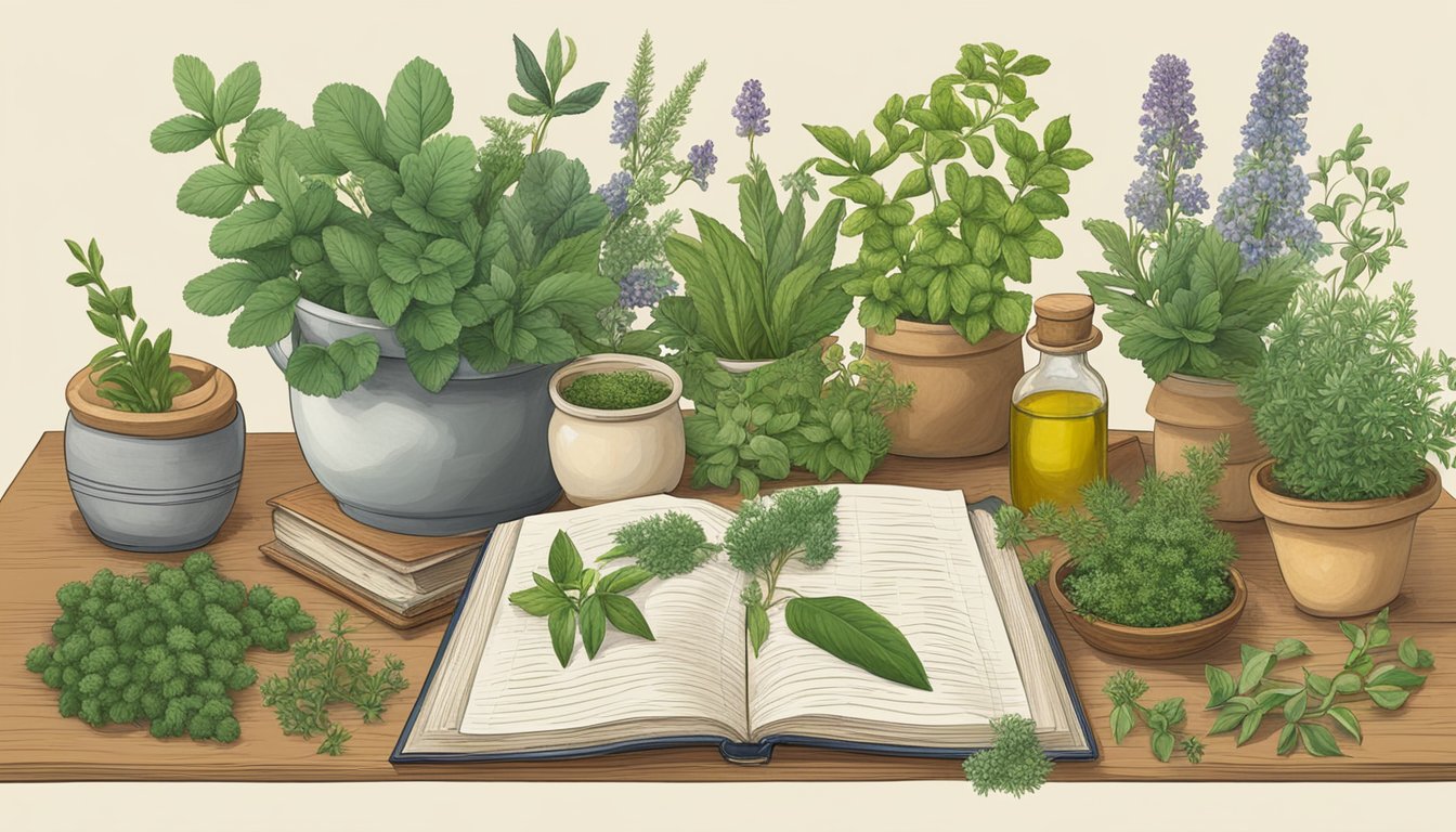 An assortment of herbs and plants in pots and vases on a wooden table with an open book.