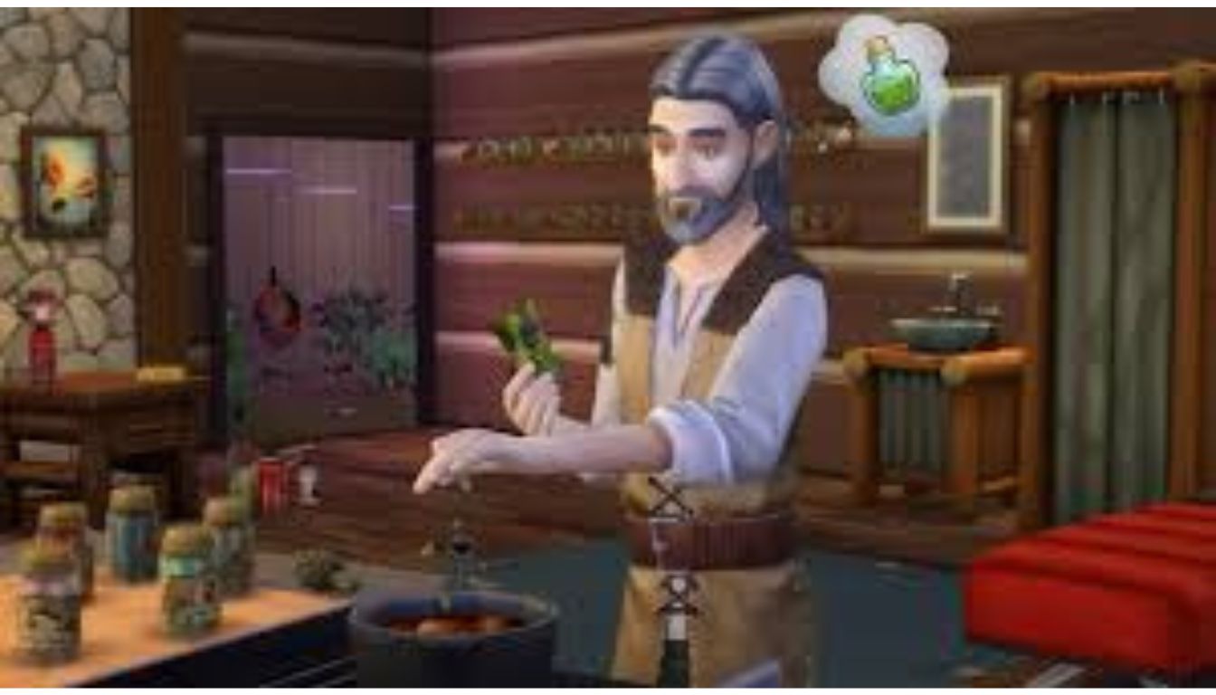 A character in the Sims 4 Outdoor Retreat Game Pack is seen preparing herbal remedies in a cozy cabin setting. The character is holding herbs and adding them to a pot on the stove, with various jars of ingredients on the counter.