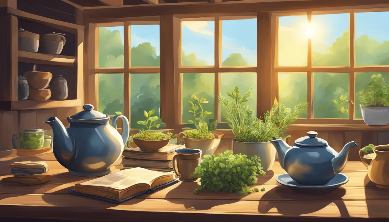 A kitchen window with herbal tea ingredients and teapots.