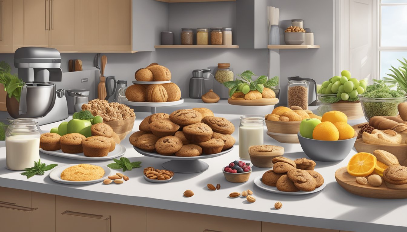 A variety of baked goods and ingredients on a kitchen counter.