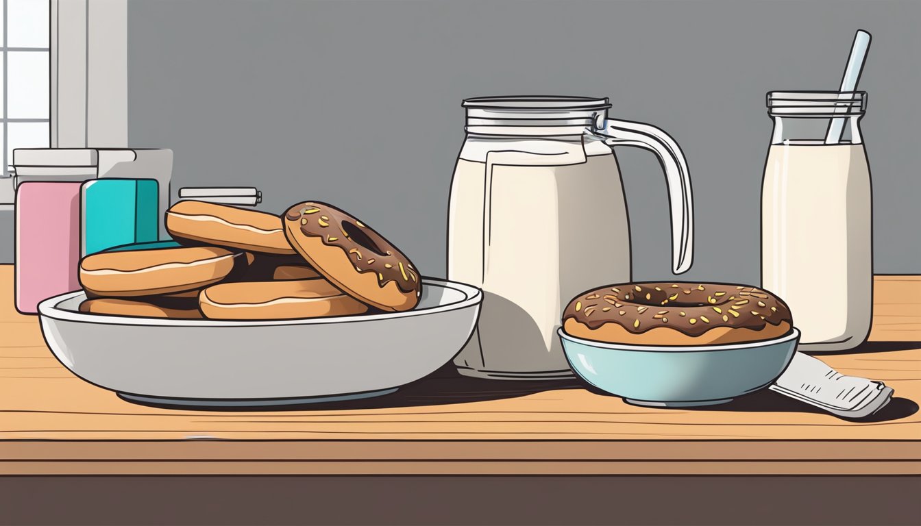 An illustration of a table set with donuts, milk, and donut holes.