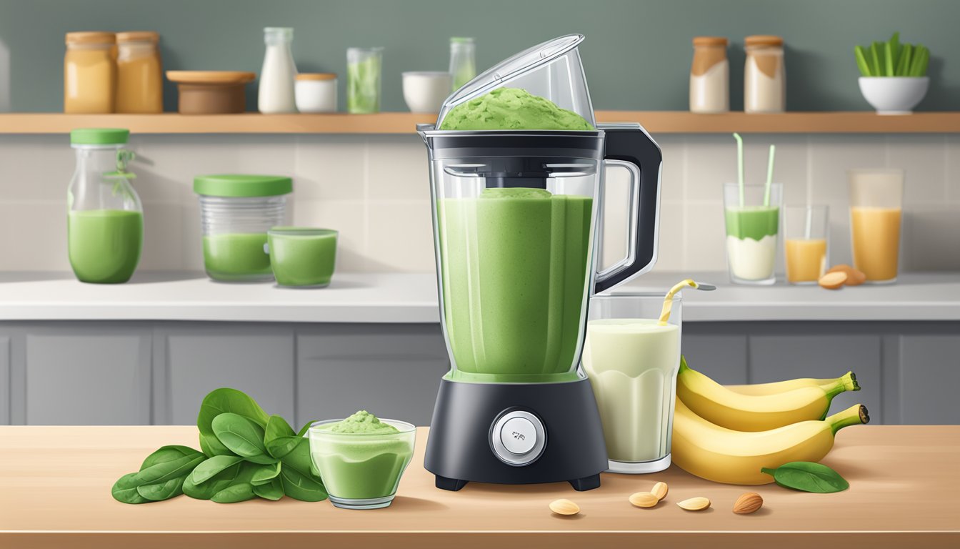 A blender with a green milkshake, surrounded by ingredients and glasses of the milkshake.