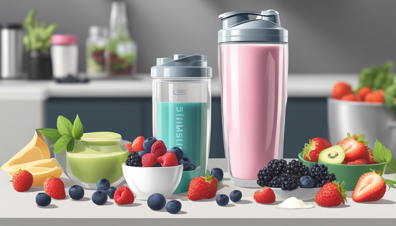Two Herbalife protein shakes surrounded by an assortment of fruits and berries.