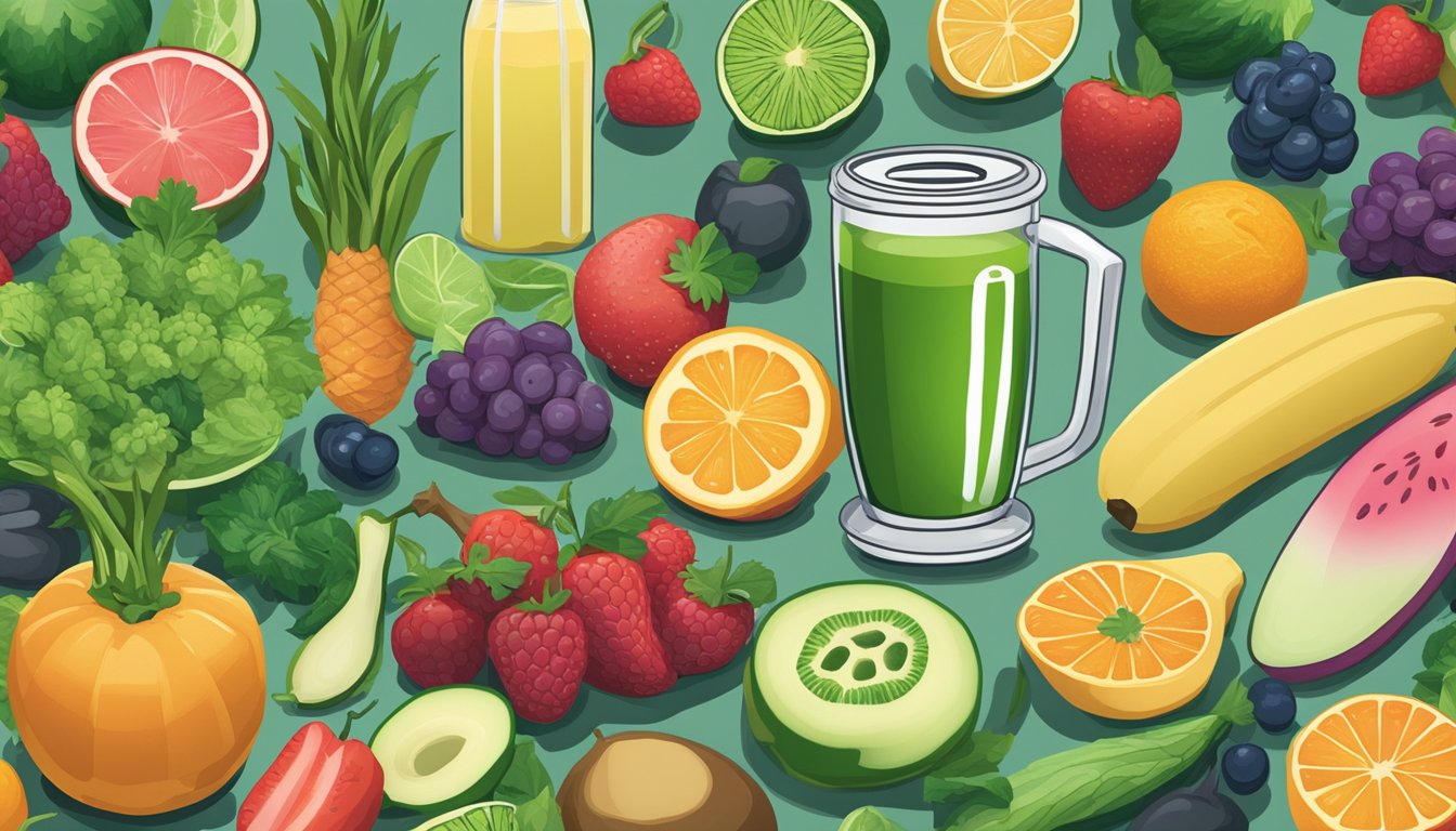 An array of fruits and vegetables surrounding a green blender.