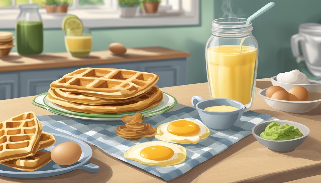 A vibrant breakfast scene featuring Herbalife waffles, eggs, and a glass of orange juice.