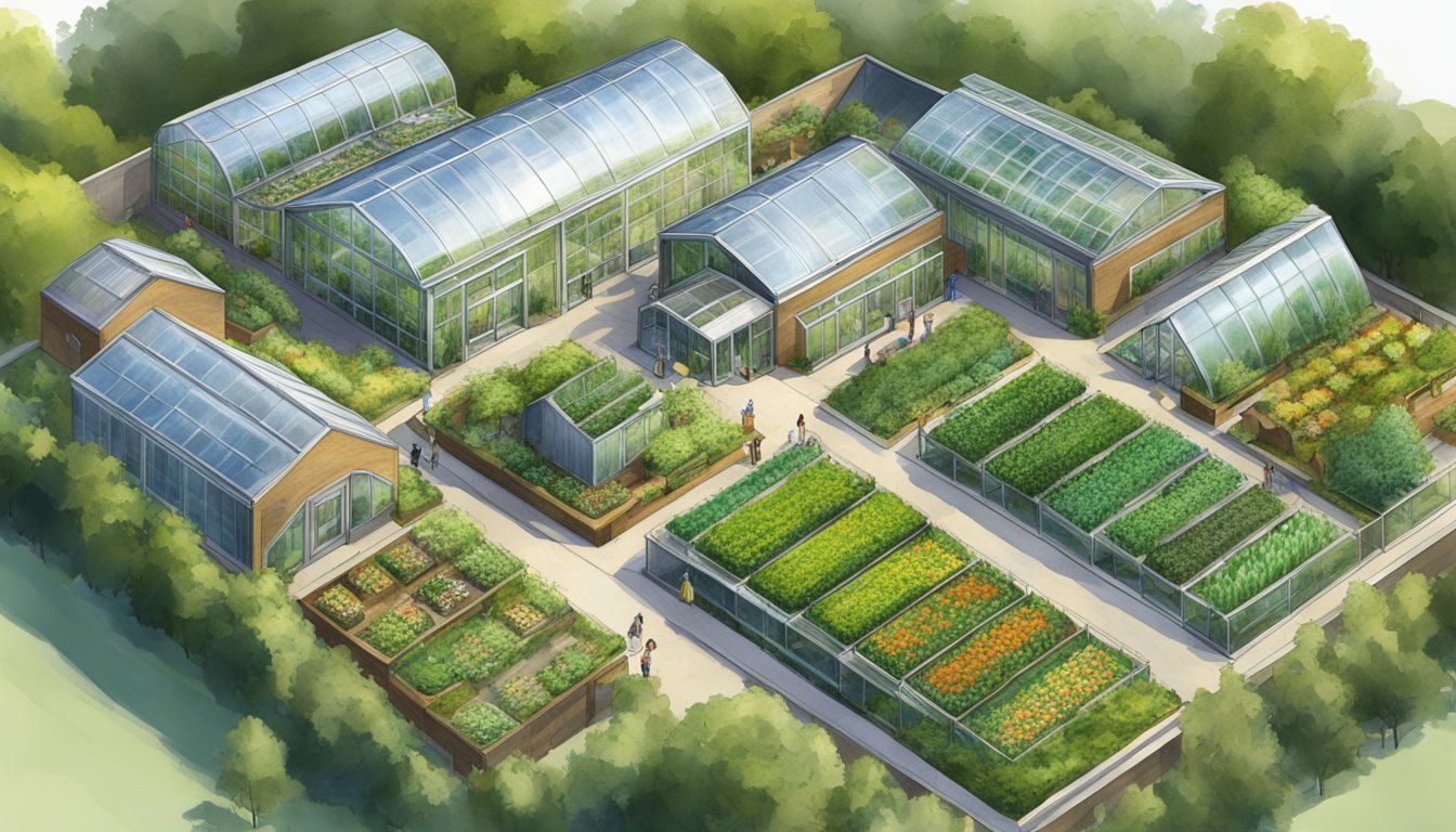 A bird’s eye view of a modern Herbalist Academy with greenhouses.