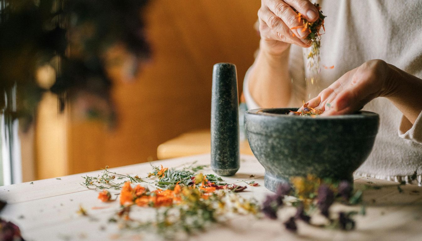 A person working with herbs, using a mortar and pestle to grind them on a wooden table.