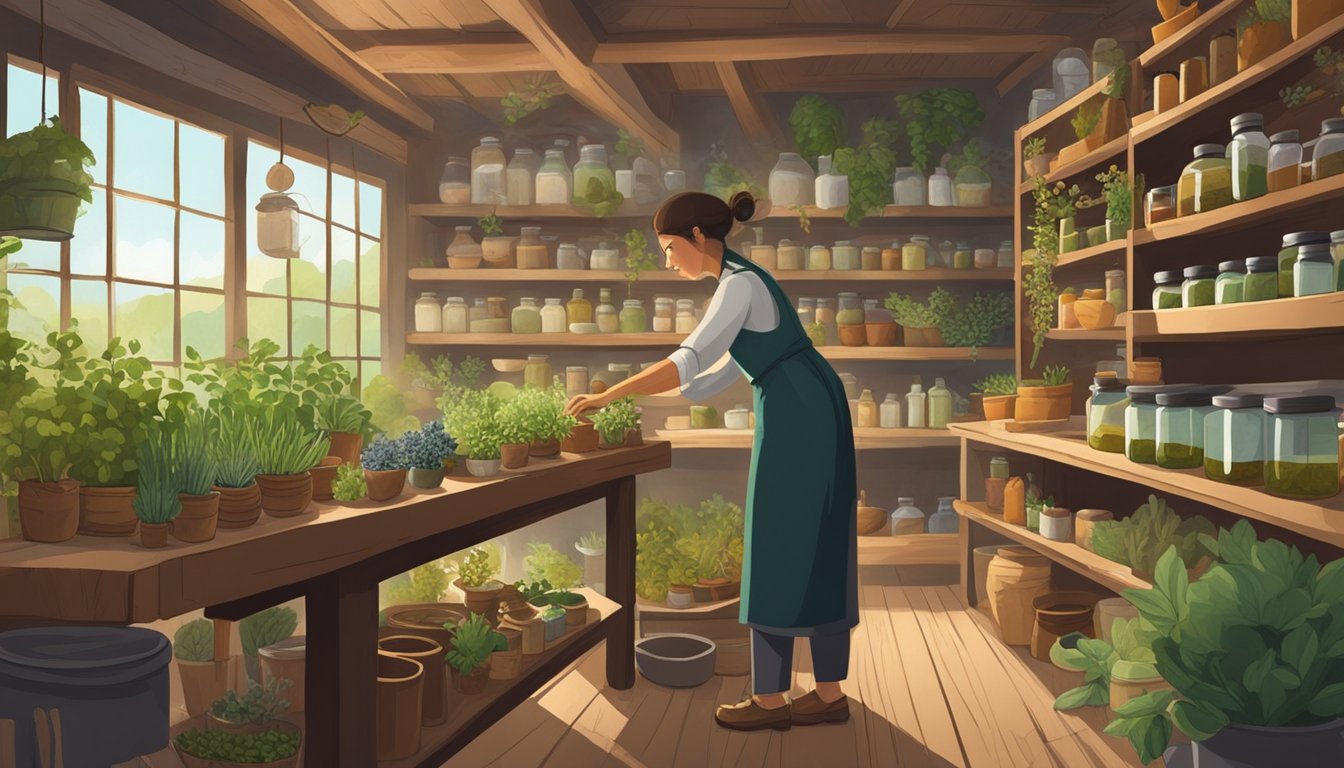 A dedicated herbalist in a blue apron meticulously tending to plants in a well-stocked herbalist shop.