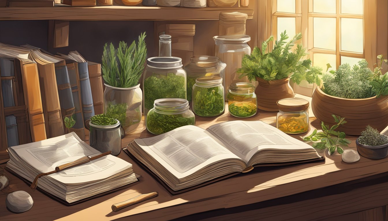 Illustration of a desk with books and plants in jars.