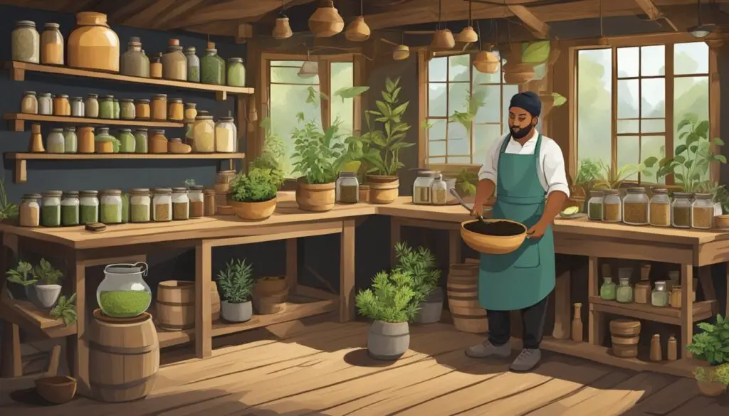 A man in an apron standing in a herbalist shop with shelves of jars and plants.