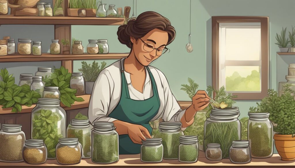 A herbalist in a green apron working in a shop filled with jars of herbs and plants.