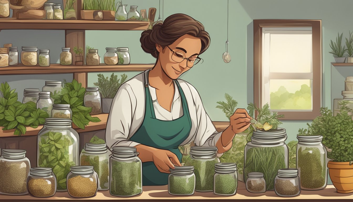 A herbalist in a green apron working in a shop filled with jars of herbs and plants.