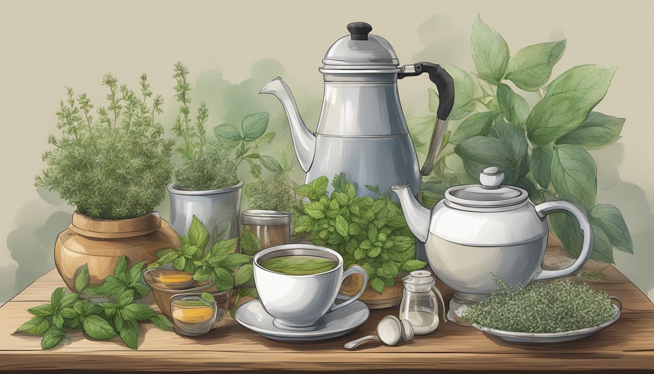 A tea set with various herbs and plants.