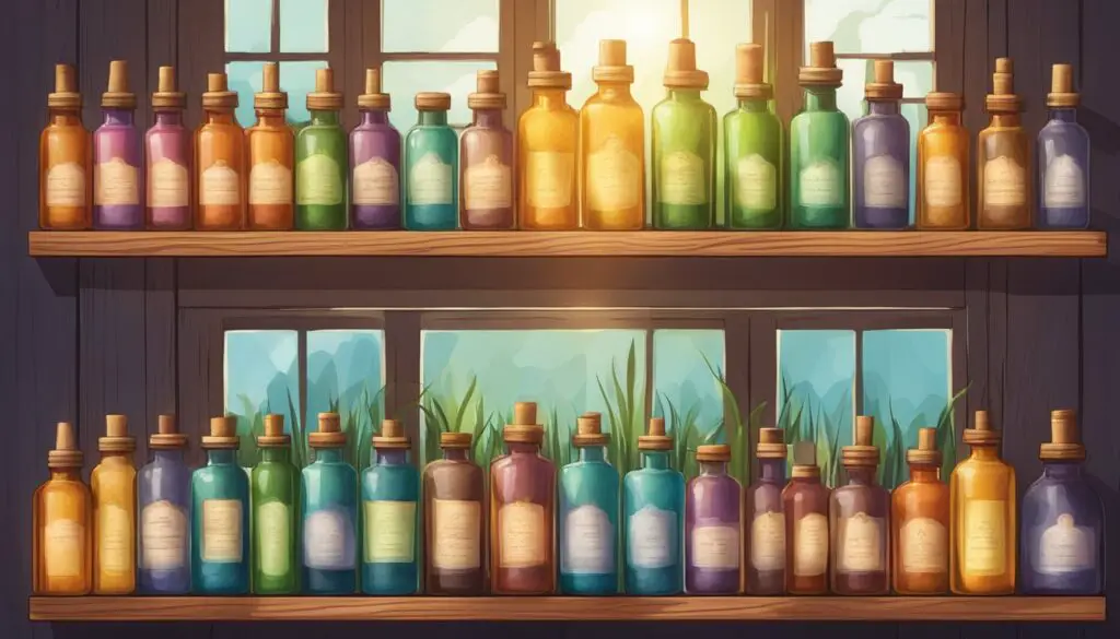 Colorful tincture bottles on a wooden shelf with a scenic window view.