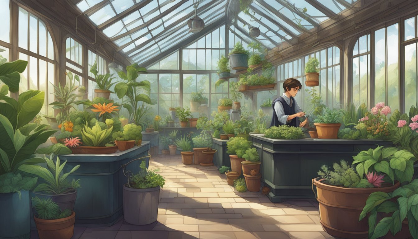 Illustration of a person tending to a variety of plants in a greenhouse.
